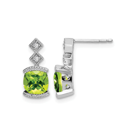 14k White Gold Dangle Earrings with Peridot and Diamond Accents, Geometric Modern Design