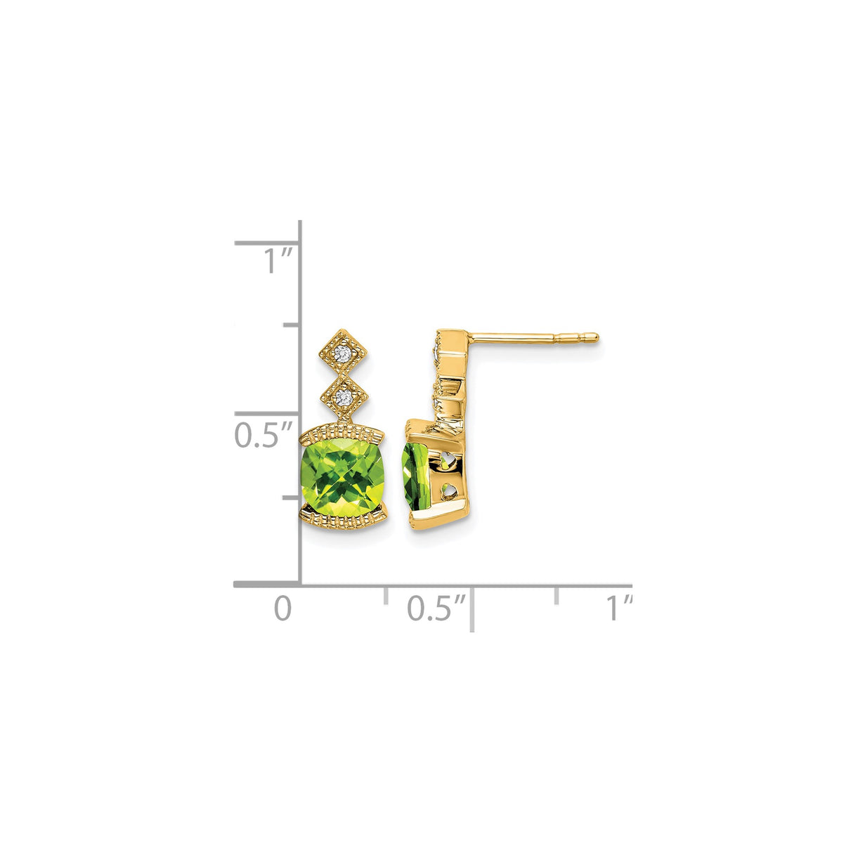 14k Yellow Gold Peridot Stud Earrings with Diamond Accents, Cushion Cut August Birthstone Jewelry