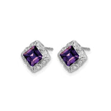 14k White Gold Stud Earrings with Amethyst and Diamond in Vintage Floral Filigree Setting