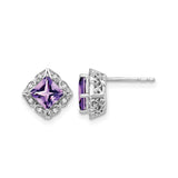 14k White Gold Stud Earrings with Amethyst and Diamond in Vintage Floral Filigree Setting