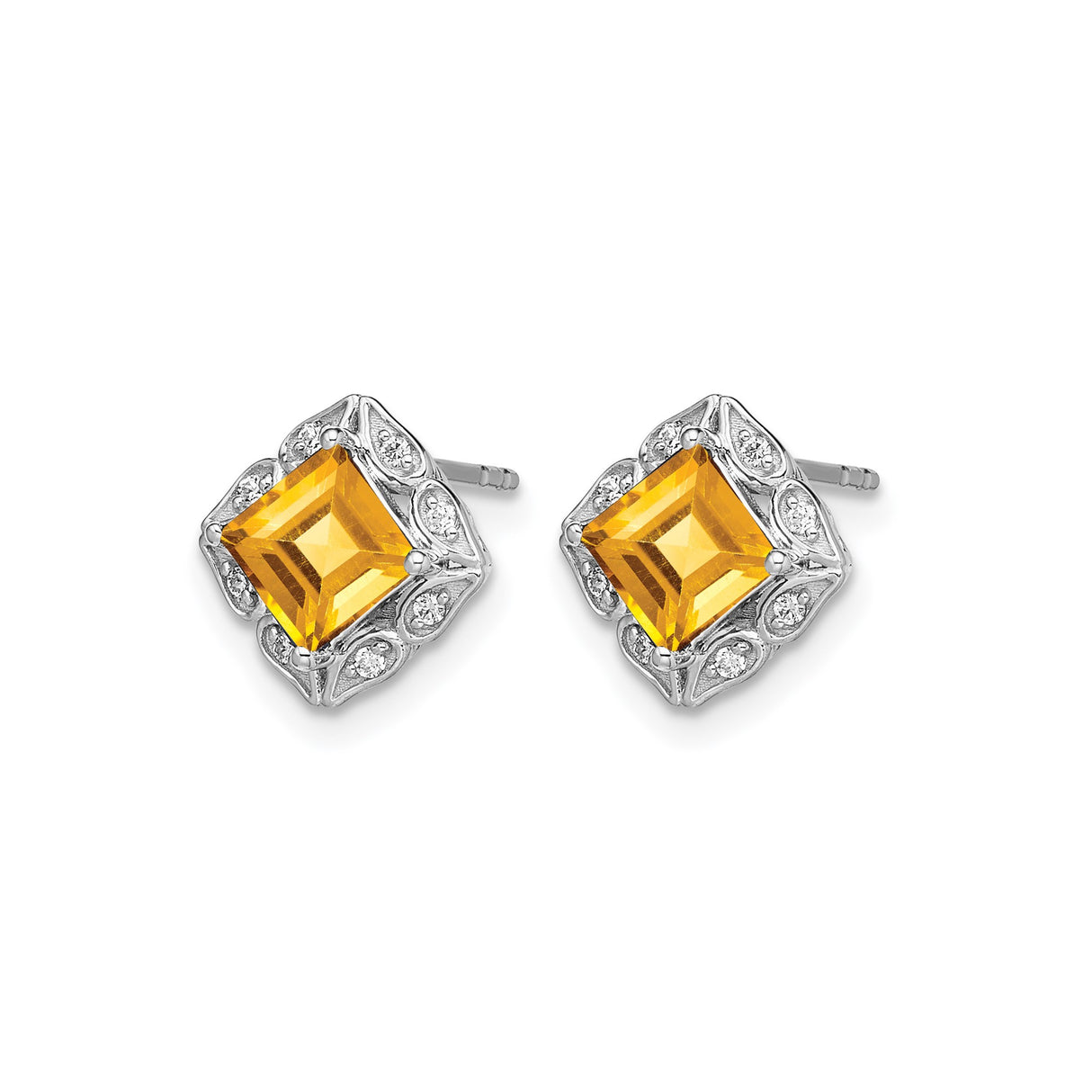 14k White Gold Citrine and Diamond Stud Earrings, Princess Cut, Floral Vintage Filigree Design