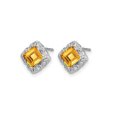 14k White Gold Citrine and Diamond Stud Earrings, Princess Cut, Floral Vintage Filigree Design