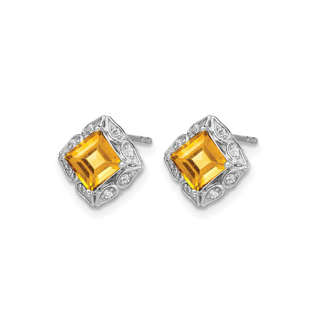14k White Gold Citrine and Diamond Stud Earrings, Princess Cut, Floral Vintage Filigree Design