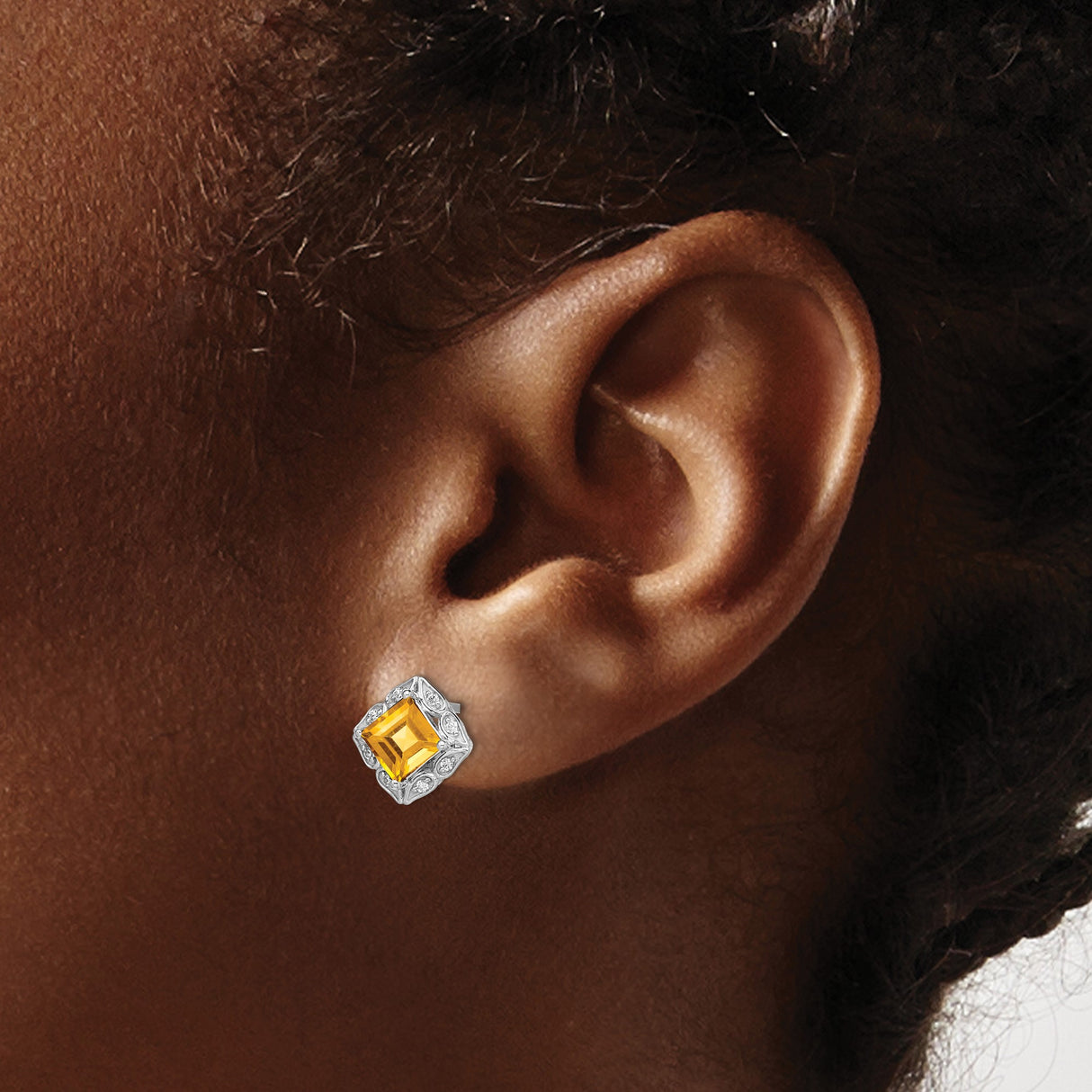 14k White Gold Citrine and Diamond Stud Earrings, Princess Cut, Floral Vintage Filigree Design