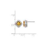14k White Gold Citrine and Diamond Stud Earrings, Princess Cut, Floral Vintage Filigree Design