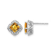 14k White Gold Citrine and Diamond Stud Earrings, Princess Cut, Floral Vintage Filigree Design