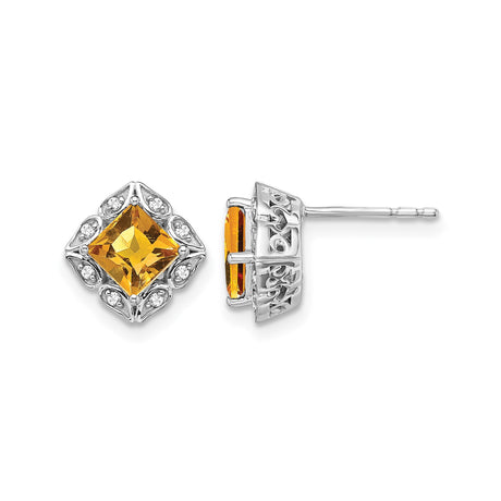 14k White Gold Citrine and Diamond Stud Earrings, Princess Cut, Floral Vintage Filigree Design