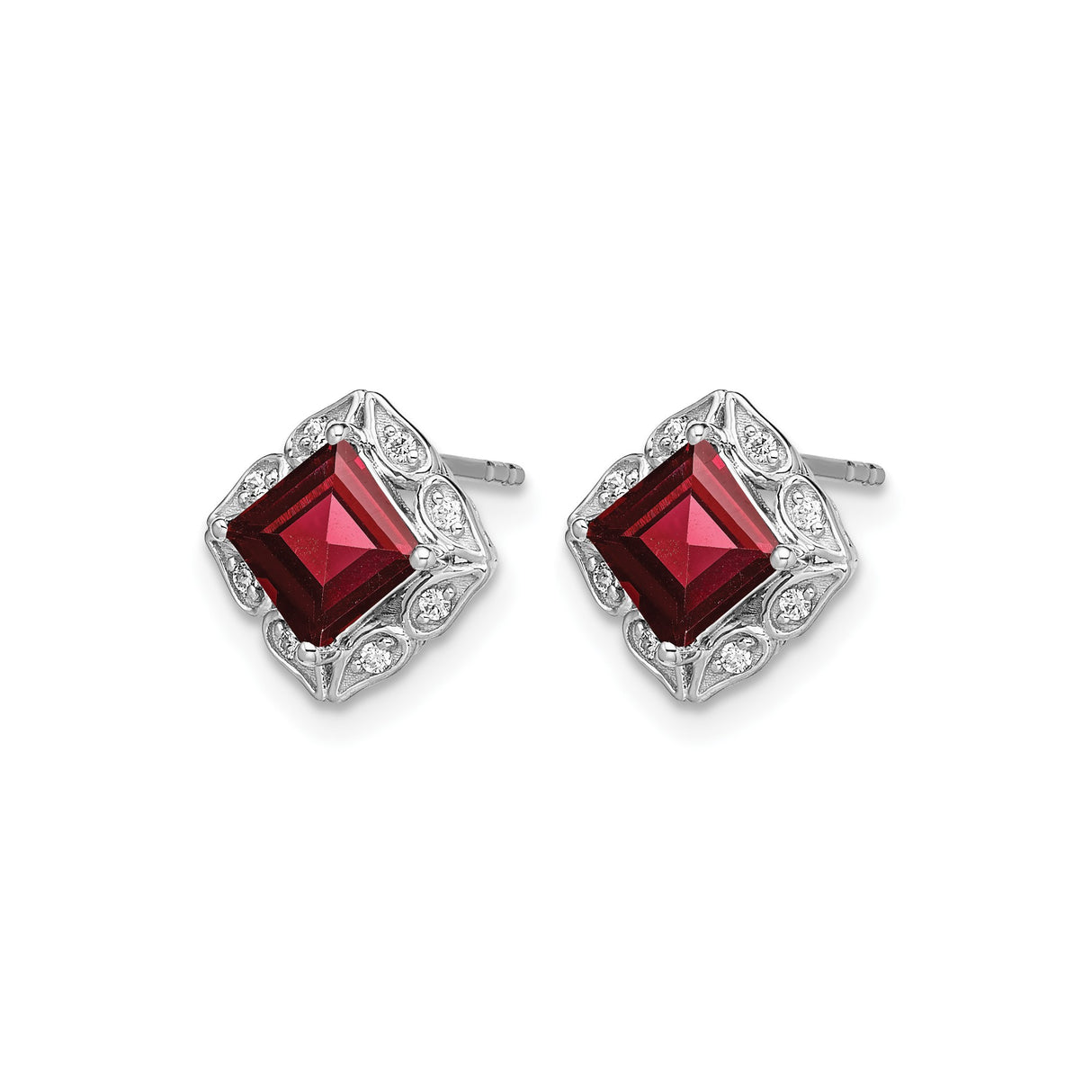 14k White Gold Garnet and Diamond Stud Earrings, Vintage Filigree Design for Women