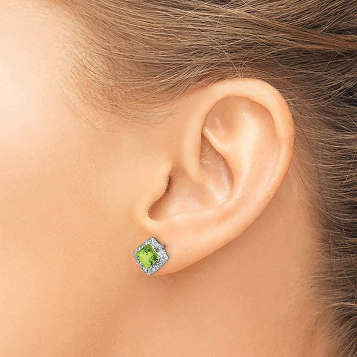 14k White Gold Peridot and Diamond Stud Earrings, Filigree Vintage Style