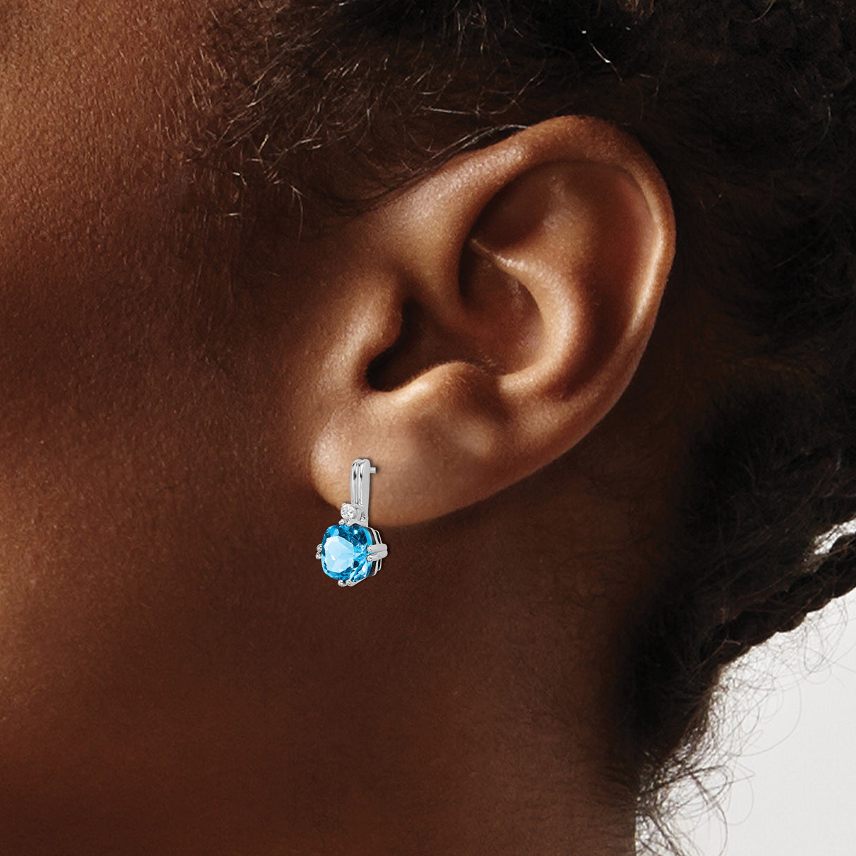 14k White Gold Dangle Earrings with Cushion Swiss Blue Topaz and Diamond Accents