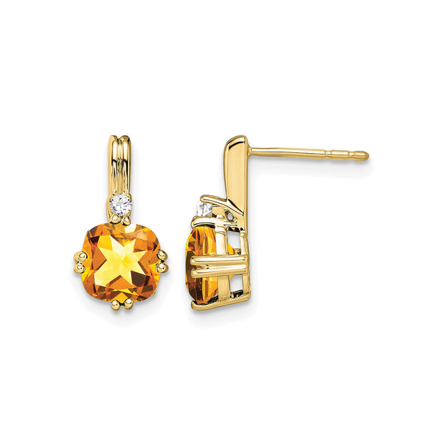 10k Yellow Gold Cushion Cut Citrine Stud Earrings with Diamond Accents, November Birthstone Jewelry