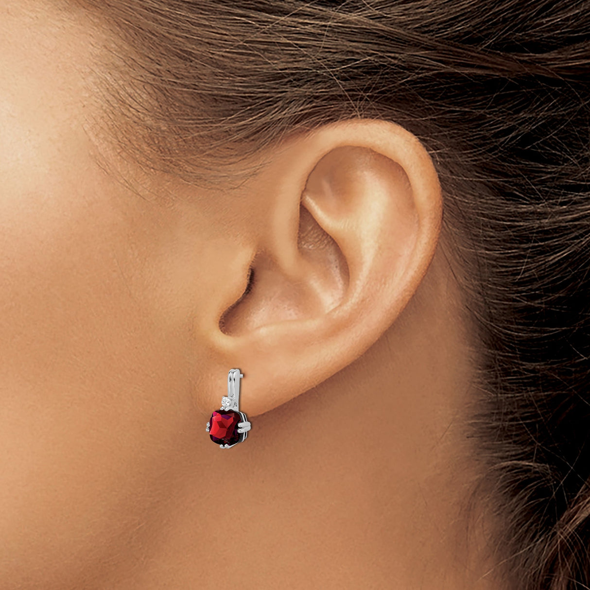 14k White Gold Drop Earrings with Garnet and Diamond Accents, Cushion Cut Dangle Style