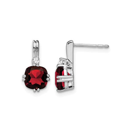 14k White Gold Drop Earrings with Garnet and Diamond Accents, Cushion Cut Dangle Style
