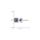 14k White Gold Amethyst Stud Earrings with Diamond Halo, Cushion Cut Purple Gemstone