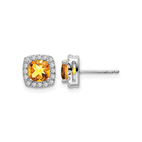 14k White Gold Citrine Stud Earrings with Diamond Halo, November Birthstone Jewelry