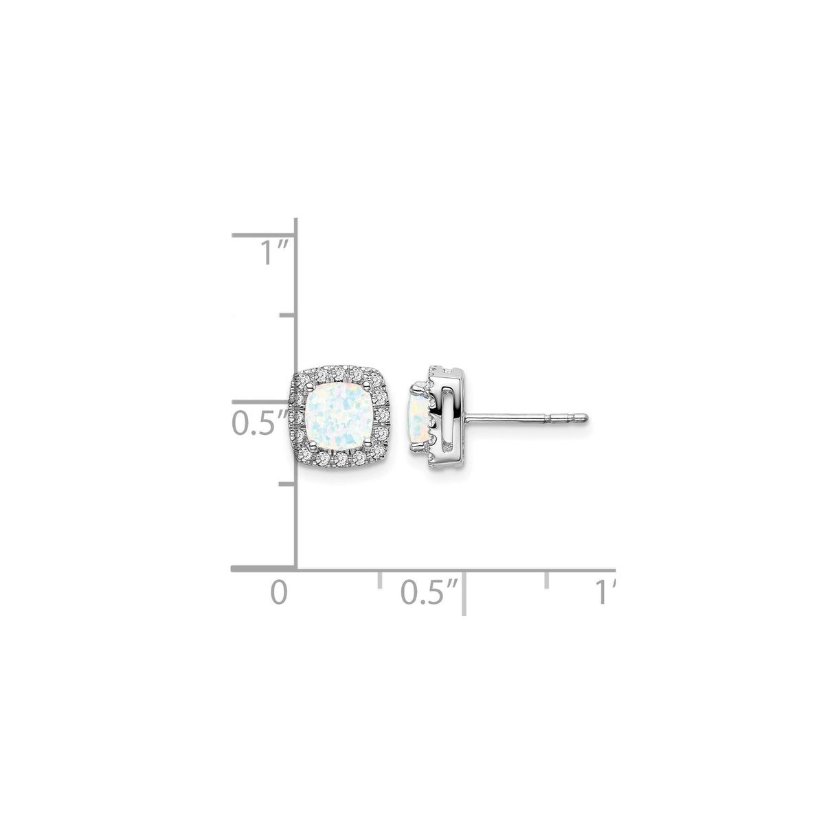 14k White Gold Opal Stud Earrings with Diamond Halo, Cushion Cut Gemstone Design