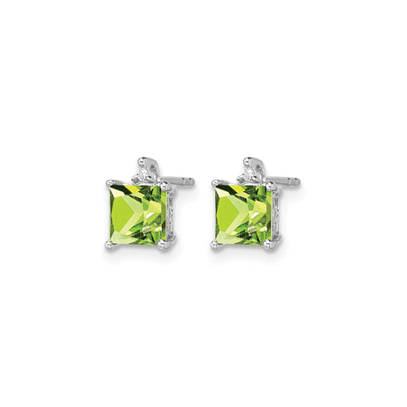 14k White Gold Stud Earrings with Square Cut Peridot and Diamond Accents