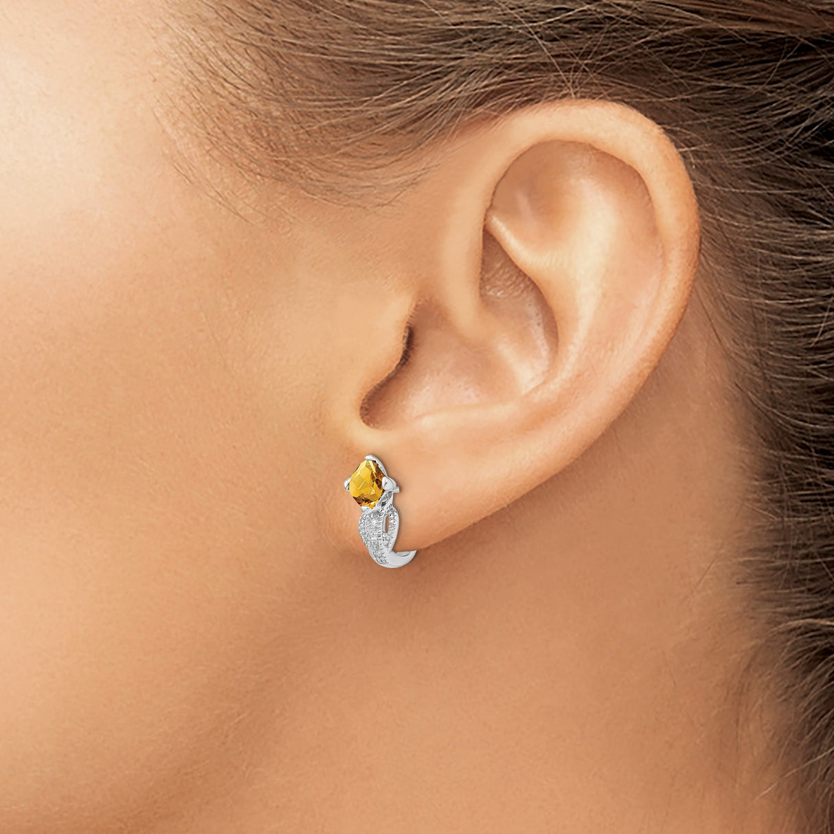 14k White Gold Stud Earrings with Cushion Cut Citrine and Diamond Accents