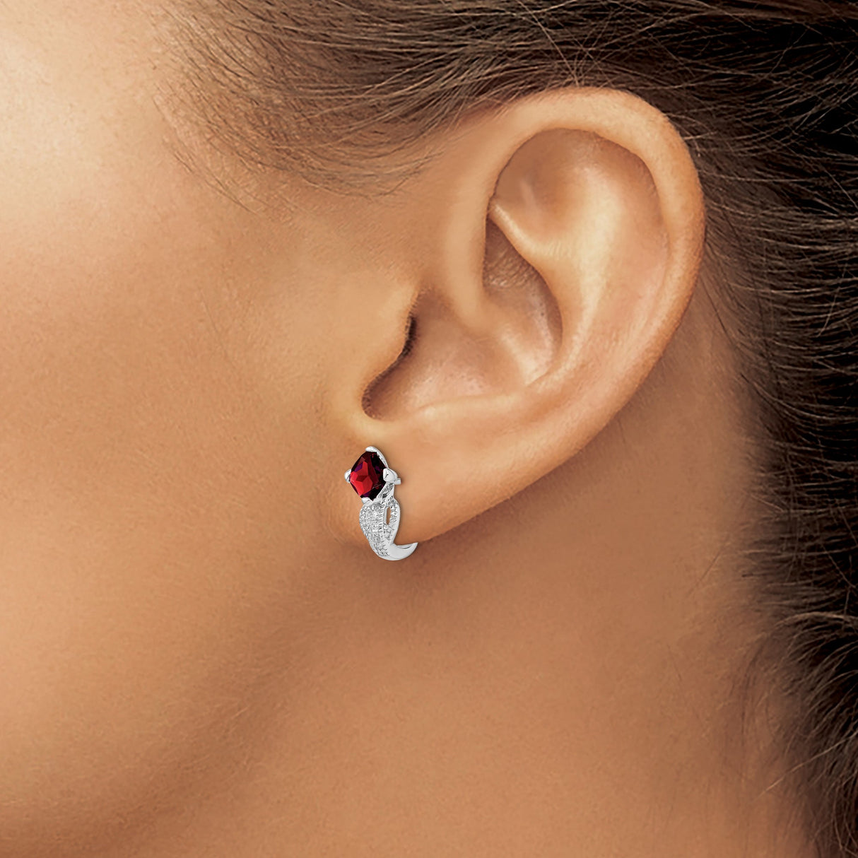 14k White Gold Stud Earrings with Cushion Cut Garnet and Diamond Accents, Open Loop Design