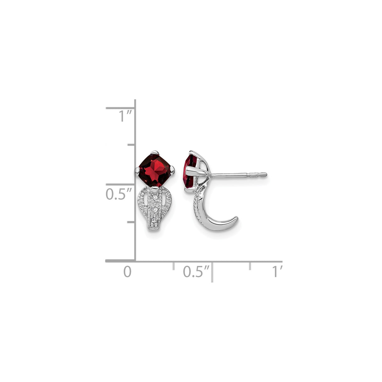 14k White Gold Stud Earrings with Cushion Cut Garnet and Diamond Accents, Open Loop Design