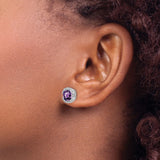 14k White Gold Amethyst Stud Earrings with Diamond Halo and Scrollwork Design