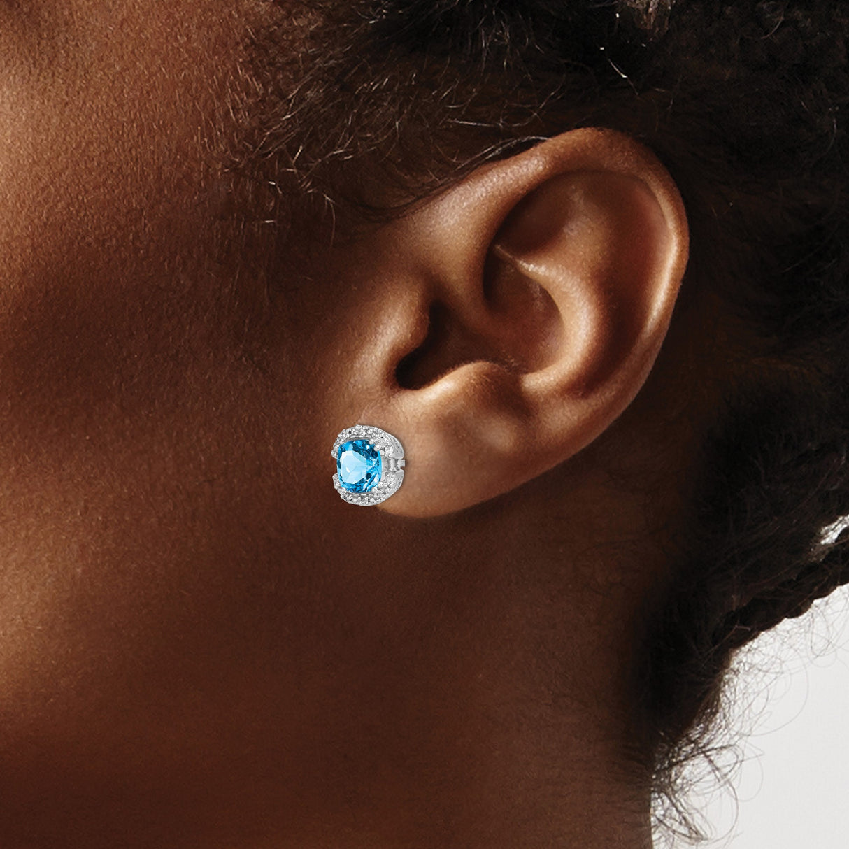 14k White Gold Stud Earrings with Swiss Blue Topaz and Diamond Halo Scrollwork
