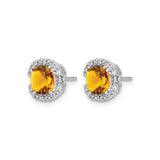 14k White Gold Citrine Stud Earrings with Diamond Accents, Halo Design, Scrollwork Detailing
