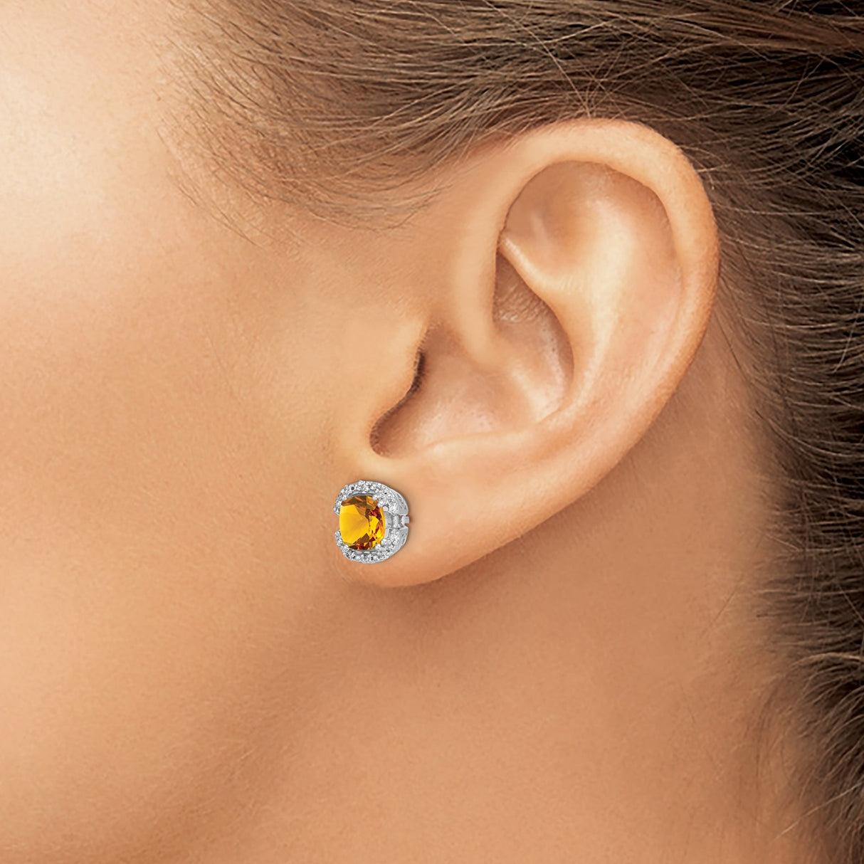 14k White Gold Citrine Stud Earrings with Diamond Accents, Halo Design, Scrollwork Detailing