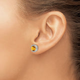14k White Gold Citrine Stud Earrings with Diamond Accents, Halo Design, Scrollwork Detailing