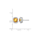 14k White Gold Citrine Stud Earrings with Diamond Accents, Halo Design, Scrollwork Detailing
