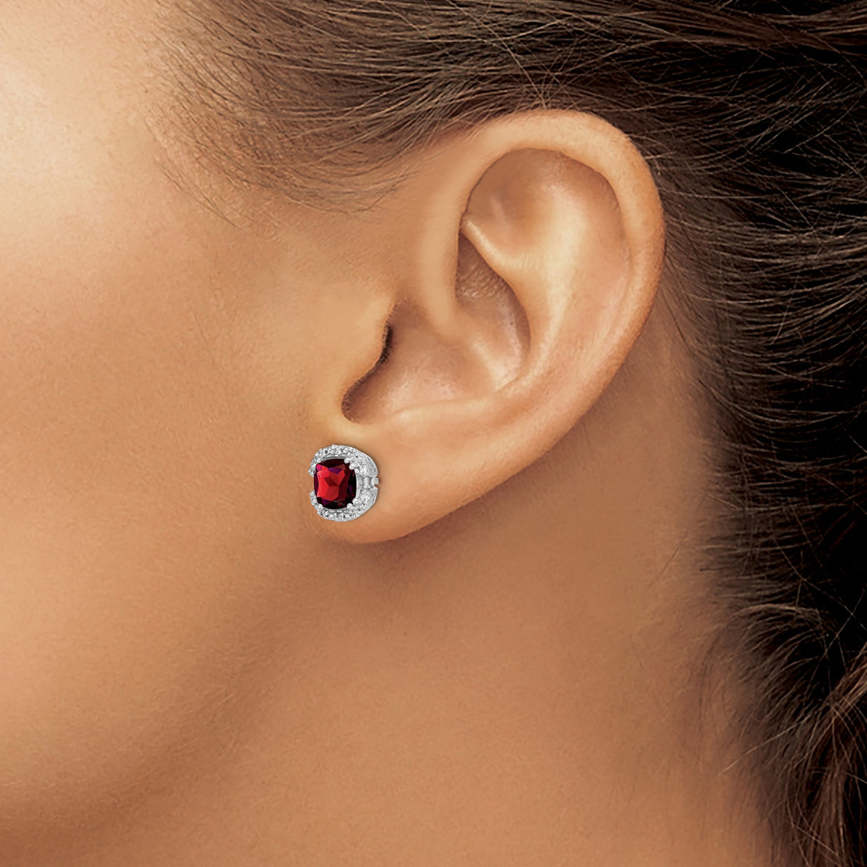 14k White Gold Stud Earrings with Garnet and Diamond Halo, Scrollwork Design
