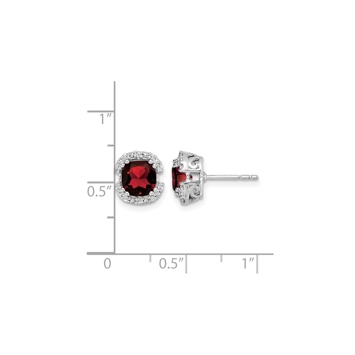 14k White Gold Stud Earrings with Garnet and Diamond Halo, Scrollwork Design