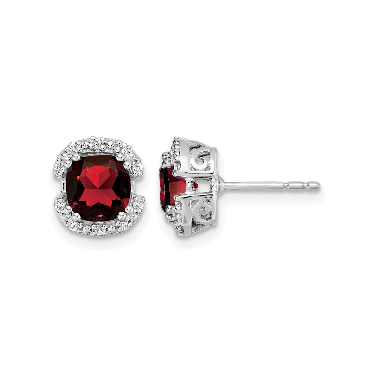 14k White Gold Stud Earrings with Garnet and Diamond Halo, Scrollwork Design