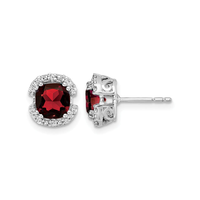 14k White Gold Stud Earrings with Garnet and Diamond Halo, Scrollwork Design
