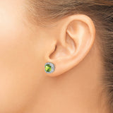 14k White Gold Peridot and Diamond Halo Stud Earrings, Cushion Cut, Scrollwork Design