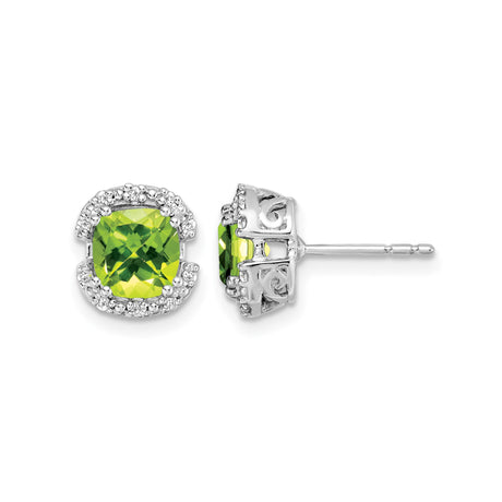 14k White Gold Peridot and Diamond Halo Stud Earrings, Cushion Cut, Scrollwork Design