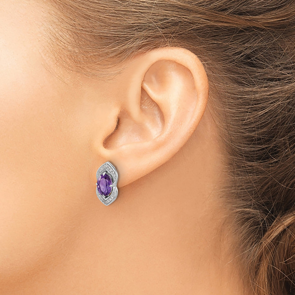 14k White Gold Amethyst and Diamond Stud Earrings, Oval and Marquise Floral Design