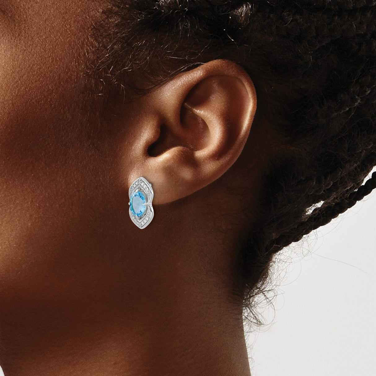 14k White Gold Stud Earrings with Swiss Blue Topaz and Diamond Accents, Marquise Style