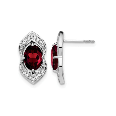 14k White Gold Stud Earrings with Oval Garnet and Diamond Accents, Marquise Design