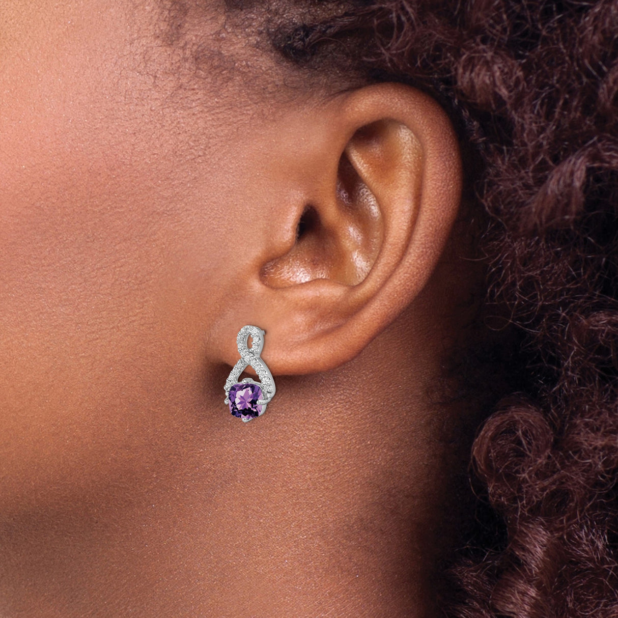 14k White Gold Amethyst Stud Earrings with Diamond Accent, Infinity Design
