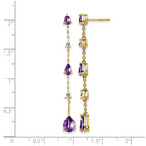 14k Yellow Gold Dangle Earrings with Pear Shaped Amethyst and White Topaz, Long Drop Style