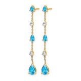 14k Yellow Gold Dangle Earrings with Pear Shaped Swiss Blue Topaz, Long Linear Drop Design