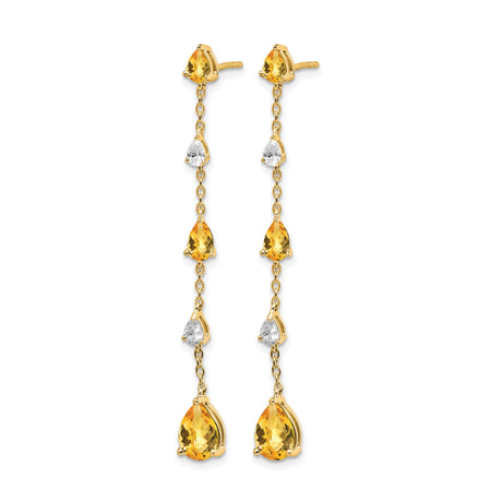 14k Yellow Gold Dangle Earrings with Pear Shaped Citrine and White Topaz, Asymmetrical Drop Design