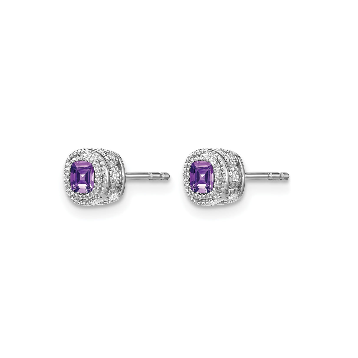 14k White Gold Amethyst Earrings with Diamond Halo, Vintage Floral Studs for Women