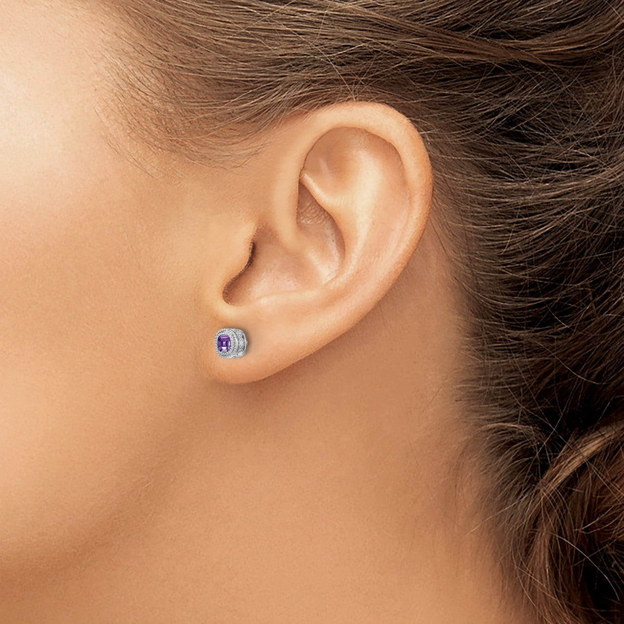 14k White Gold Amethyst Earrings with Diamond Halo, Vintage Floral Studs for Women
