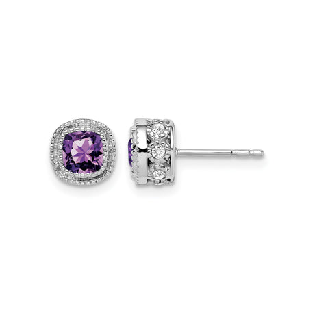 14k White Gold Amethyst Earrings with Diamond Halo, Vintage Floral Studs for Women