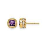 14k Yellow Gold Amethyst Stud Earrings with Diamond Accents, Vintage Milgrain Style