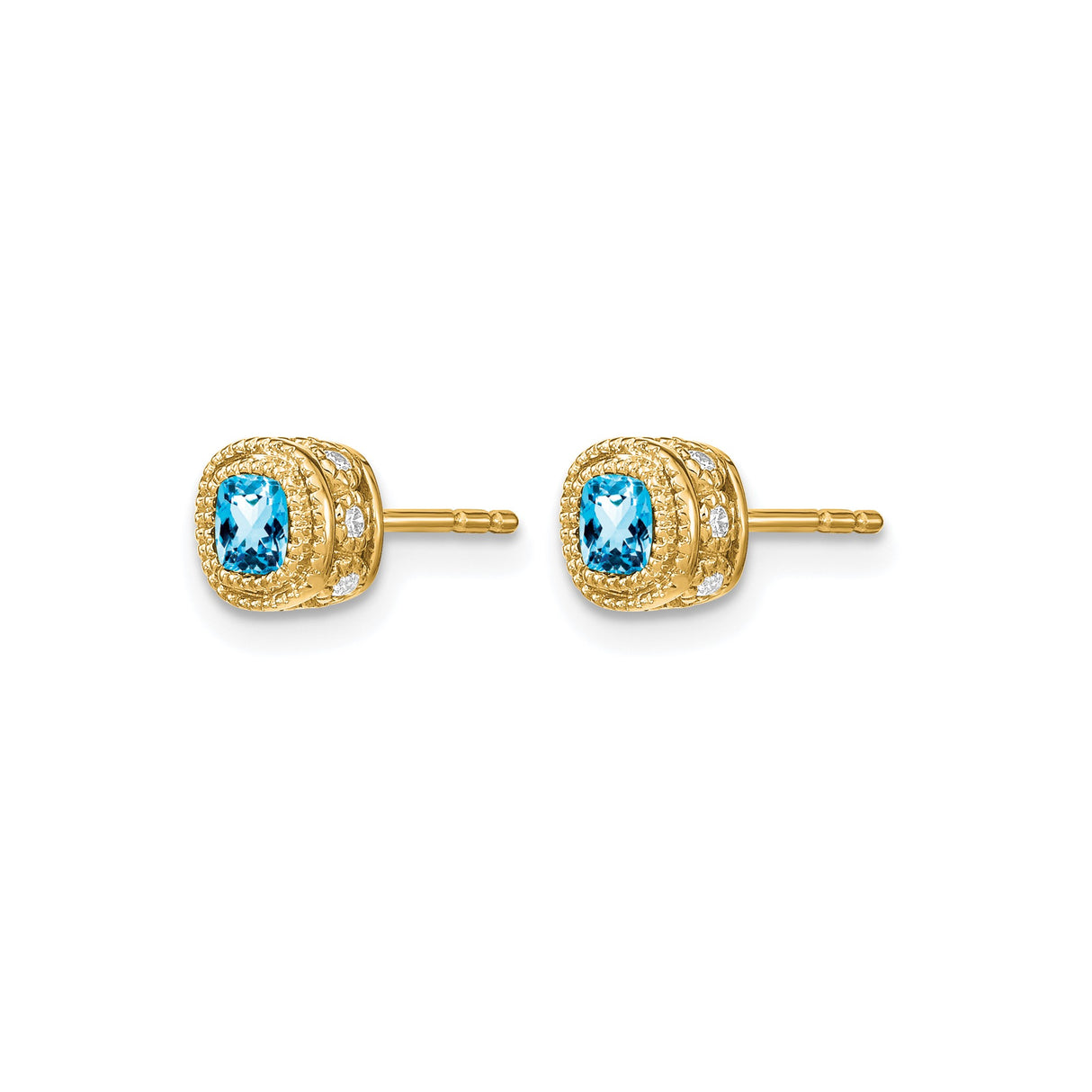 10k Yellow Gold Stud Earrings with Cushion Cut Swiss Blue Topaz and Diamond Accents