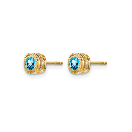 10k Yellow Gold Stud Earrings with Cushion Cut Swiss Blue Topaz and Diamond Accents