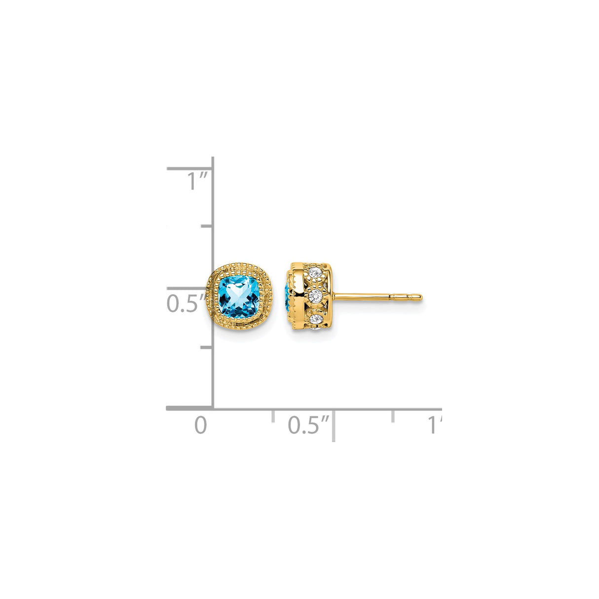 10k Yellow Gold Stud Earrings with Cushion Cut Swiss Blue Topaz and Diamond Accents